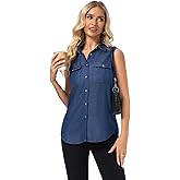 FASHIONSPARK Jean Sleeveless Collared Shirts for Women, Button Down Casual Blouse Women Denim Tank Top with Pockets