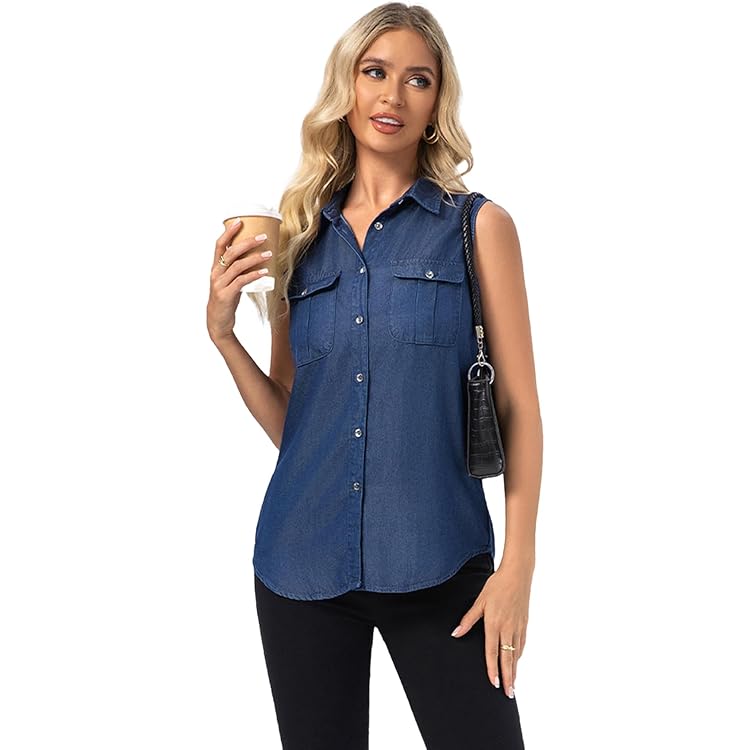 FASHIONSPARK Sleeveless Denim Tops for Women Button Down