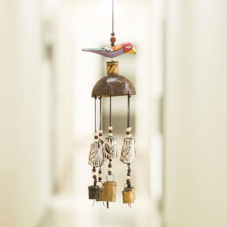 ExclusiveLane Bird Home Decorative Wind Chime Cum Outdoor Garden Wall Hanging with Kutchh Bells (Multicolour, Wood)