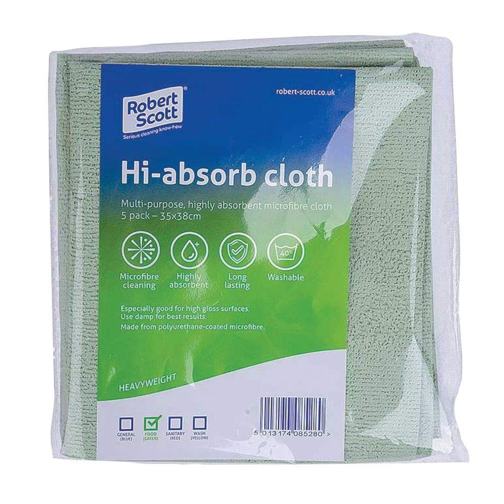 ROBERT SCOTT HI-Absorb Microfibre Cloth, 38cm x 35cm, Green, Pack of 5