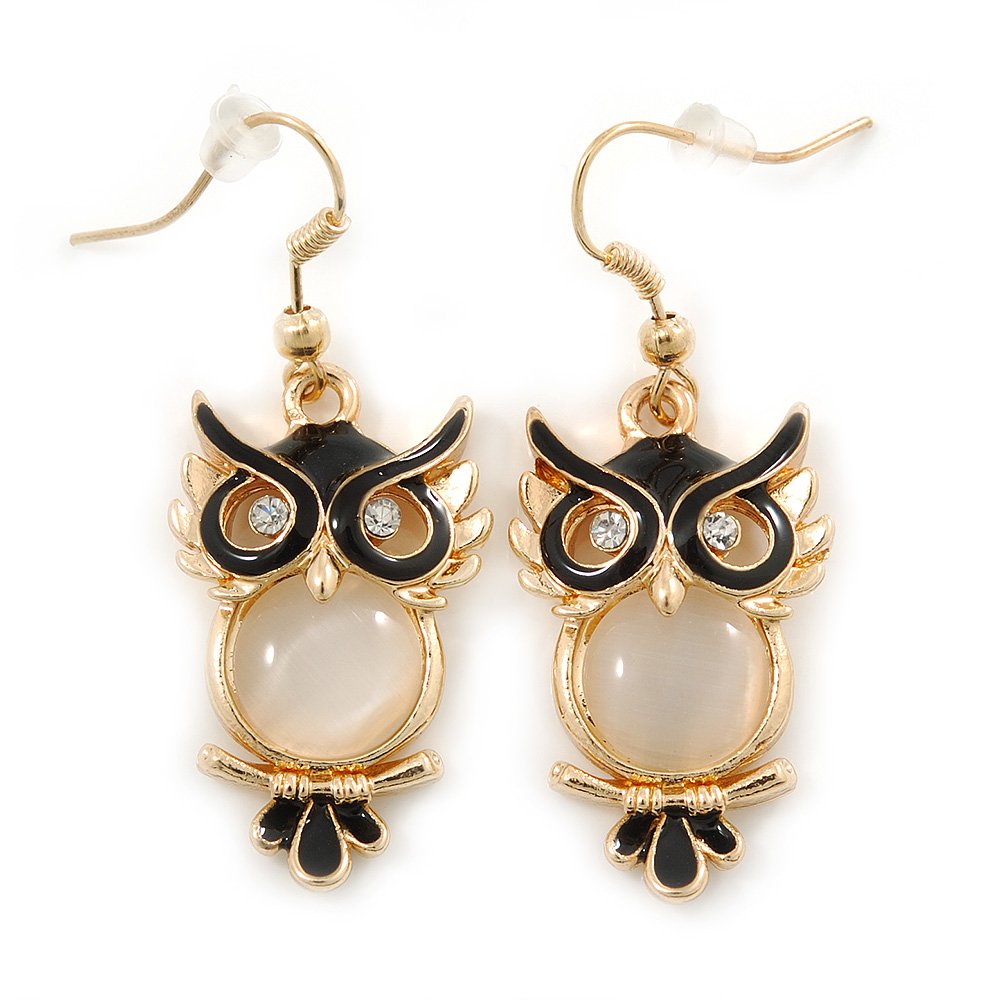 Black Enamel, Cat's Eye Stone Owl Drop Earrings/Gold Tone/ 45mm L