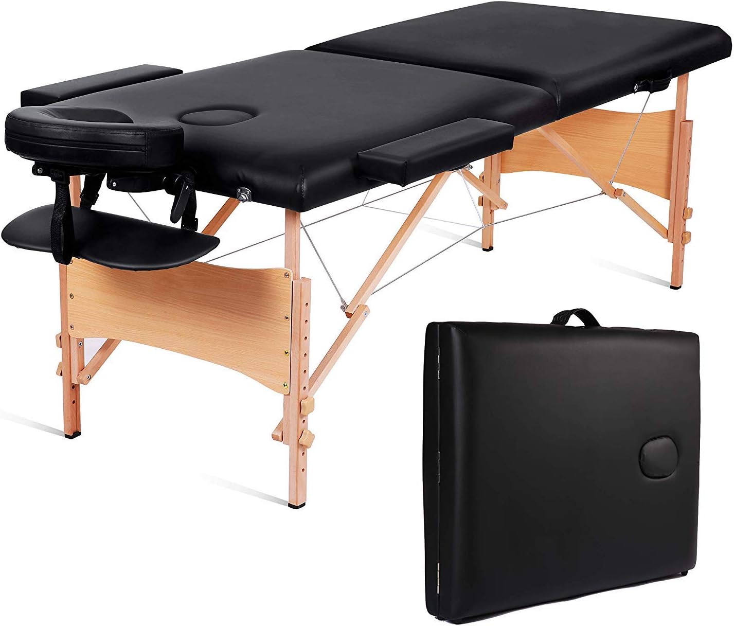 MaxKare Folding Massage Table Portable Facial SPA Professional Massage Bed With Carrying Bag 2 Fold Lash Bed with Head-& Armrest (Black)