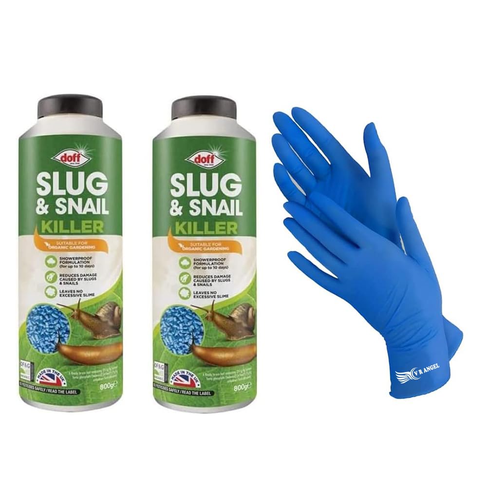 VR Angel2 x Doff Slug & Snail Killer 800g with 1 Pair Non-Sterile Gloves Showerproof Formulation Powerful Slug & Snail Repellent for Use Around Organic Gardening - (Twin Pack of 2)