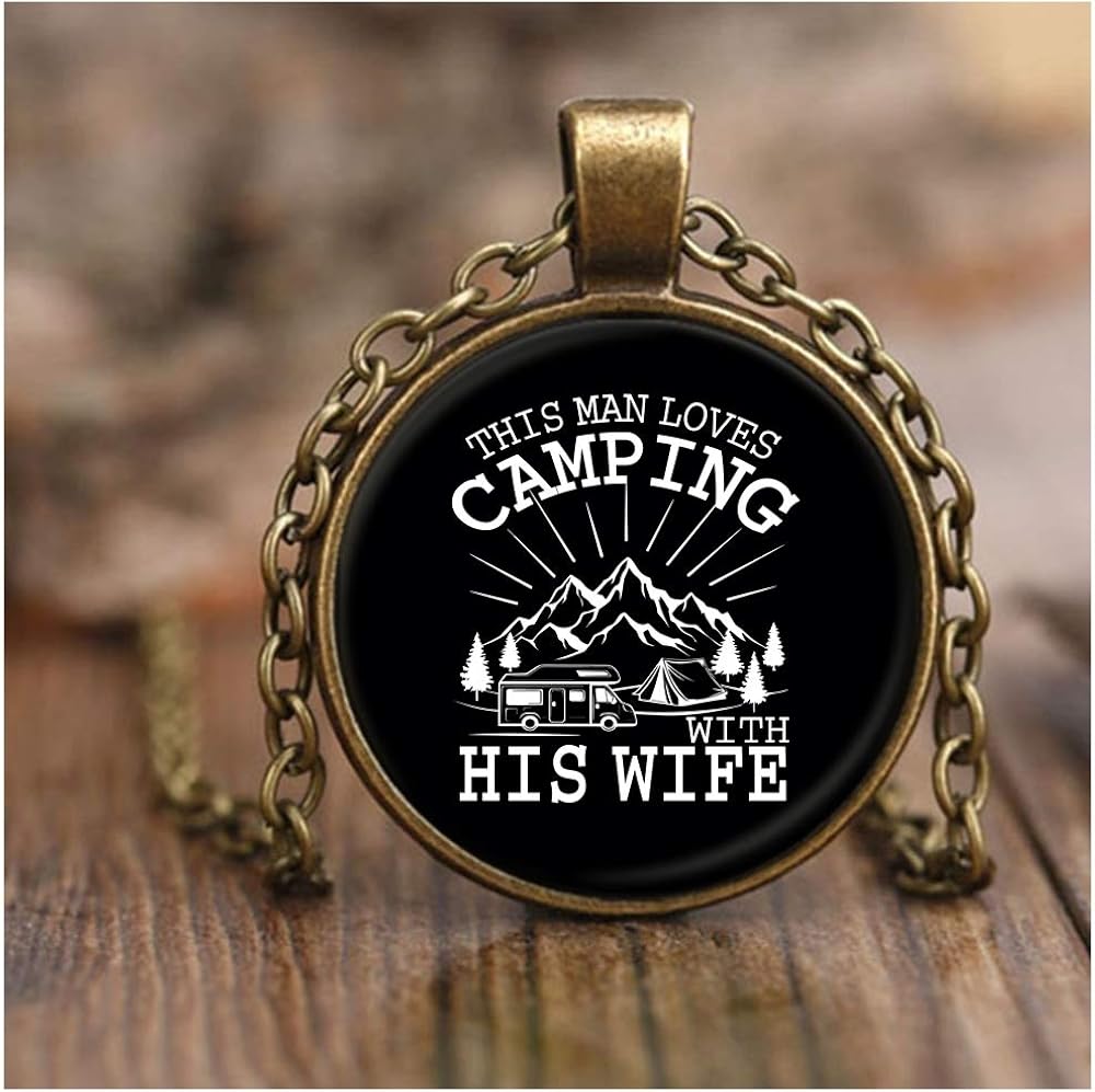 DLAWNECK This Man Loves Camping Necklace Antique Brass, Cool Camping Wife Necklaces (Necklace