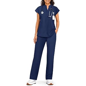 Yousify Scrubs Set for Women Stand-Up Collar Top & Straight Leg Pant | V Neck, Cap Sleeves, High Waisted, Drawstring, Soft Li