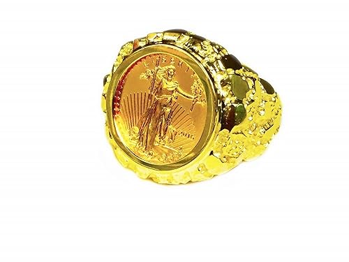 14k Yellow Gold Mens 22 Mm Nugget Coin Ring With A 22k 110