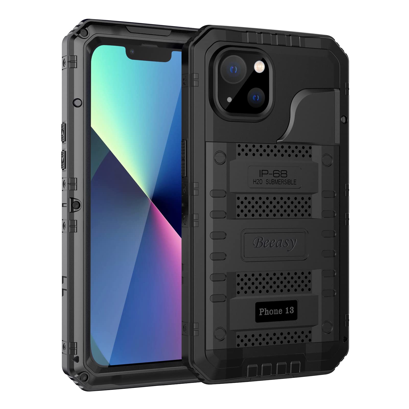 Beeasy for iPhone 13 Case Waterproof Heavy Duty Shockproof Tough Metal Armour Cover Dustproof Built-in Screen Protector, Robust 360 Full Body Military Protective Rugged Case for iPhone 13,Black