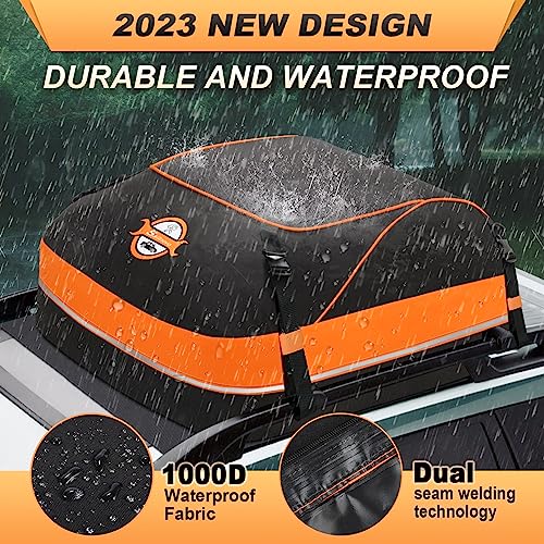 Sailnovo 430L Waterproof Foldable Soft Car Roof Box, Car Roof Bag for Travel with Reinforced Straps/Door Hooks (15 CU.ft, Non-Slip Mat, 4 Hooks, Orange)