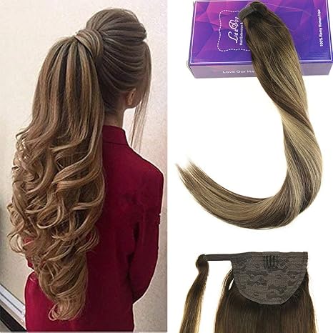 Laavoo 12 Pouce Cheveux Humains Brésiliens Droite Couleur Balayage Brun Foncé à Blond Cendré Et Brun Foncé Remy Clip In Queue De Cheval Vrai Cheveux