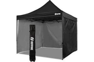 OUTFINE Heavy Duty Canopy 10x10 Pop Up Commercial Canopy Tent with 3 Side Walls Instant Shade, Bonus Upgrade Roller Bag, 4 Weight Bags, Stakes and Ropes (Black, 10 * 10FT)