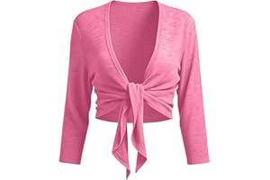 Women's Daily Tie Front Shrug 3/4 Sleeve Bolero Cardigan Lightweight Summer Casual Beach Swim Cropped Cover Up Tops