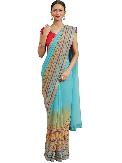 SHAILY Womens Georgette Floral Print with Printed Lace Border Saree