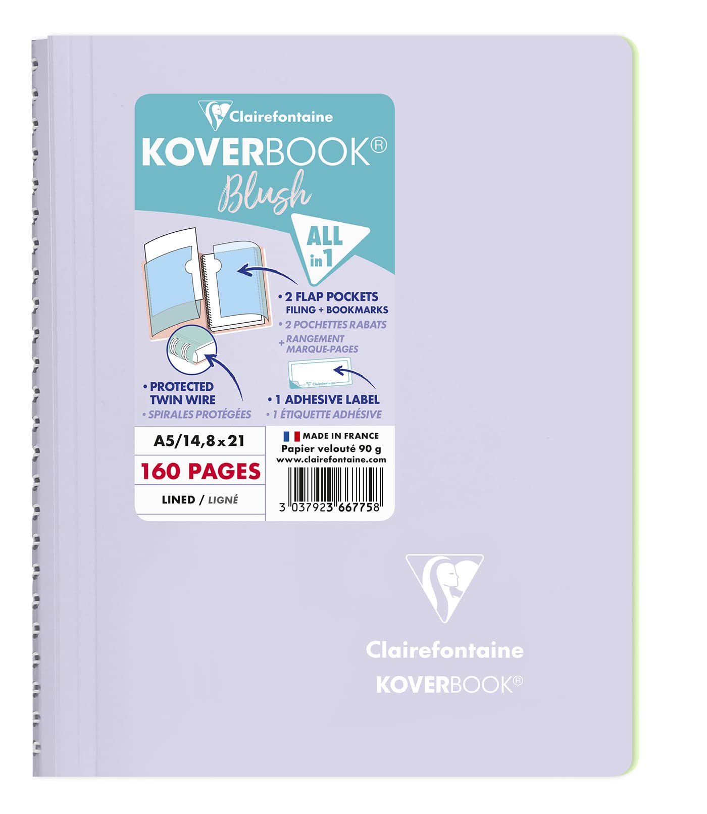 Clairefontaine 366775C - One Spiral Notebook Koverbook Blush Lilac - Size: A5 14,8x21 cm - 160 Lined Pages - White Paper 90 g - Polypro Enveloppante Cover