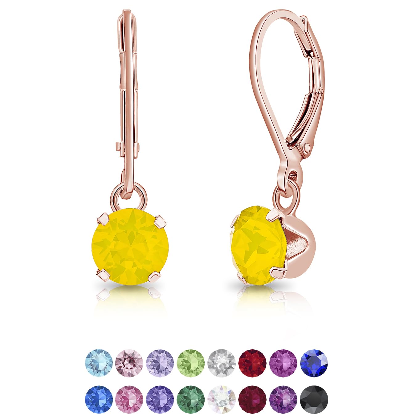 DTPSilver - 925 Sterling Silver Rose Gold Plated Round Dangle Leverback Earrings made with Glittering Crystals from Swarovski® Elements - Diameter: 6 mm - Colour : Yellow Opal