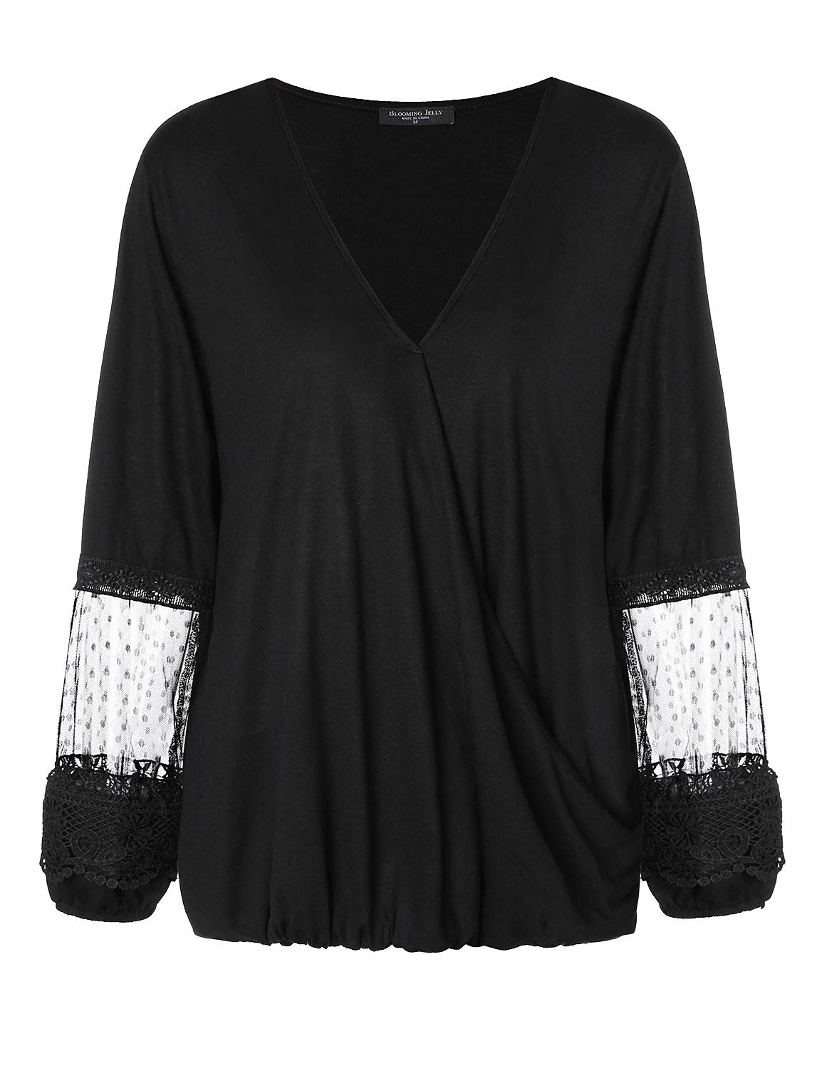 BMJL Women\'s V Neck T Shirt Drape Lace Splicing Puff Sleeve Top Loose Blouse (L,Black)