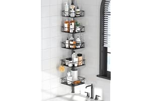 Skycarper 5 Tier Adjustable Corner Shower Caddy Organizer with Hooks,Rustproof Tension Pole 62-116 Inch, Black