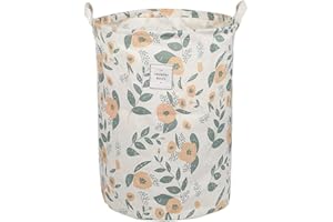 UUJOLY Collapsible Laundry Hamper Basket, with Handles Waterproof Round Cotton Linen Printing Household Organizer Basket, 19.7x15.7 inches, Green