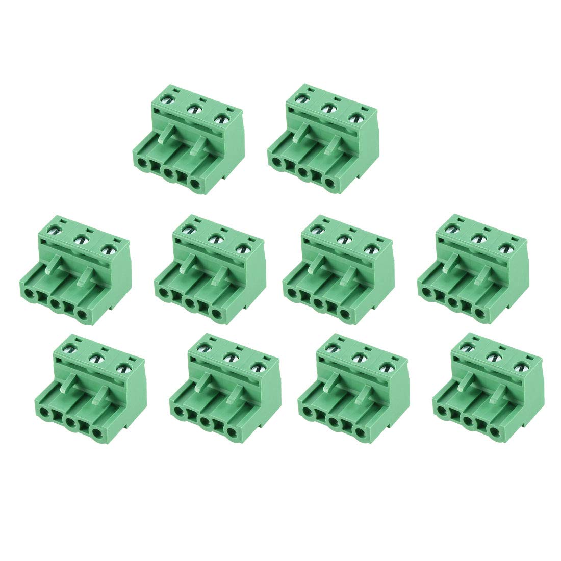 sourcing map 10Pcs AC300V 15A 7.62mm Pitch 3P Flat Angle Needle Seat Insert-In PCB Terminal Block Connector green