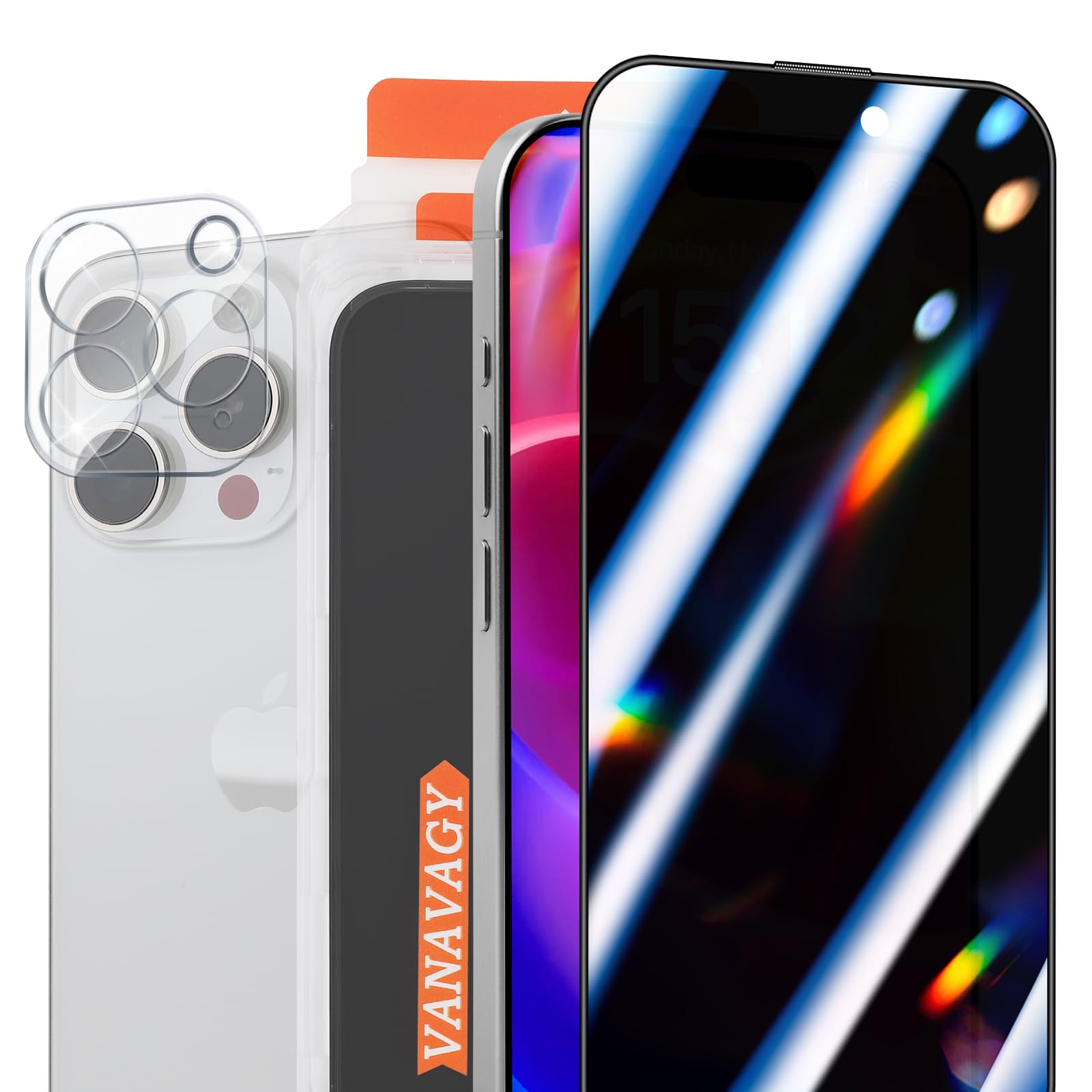 VANAVAGY 1 Pack Privacy Glass Screen Protector for iPhone 16 Pro, [1 Pack Camera Lens Protector] [Easy Installation] Plating Film with Frame Full Coverage Case for Apple 16 Pro