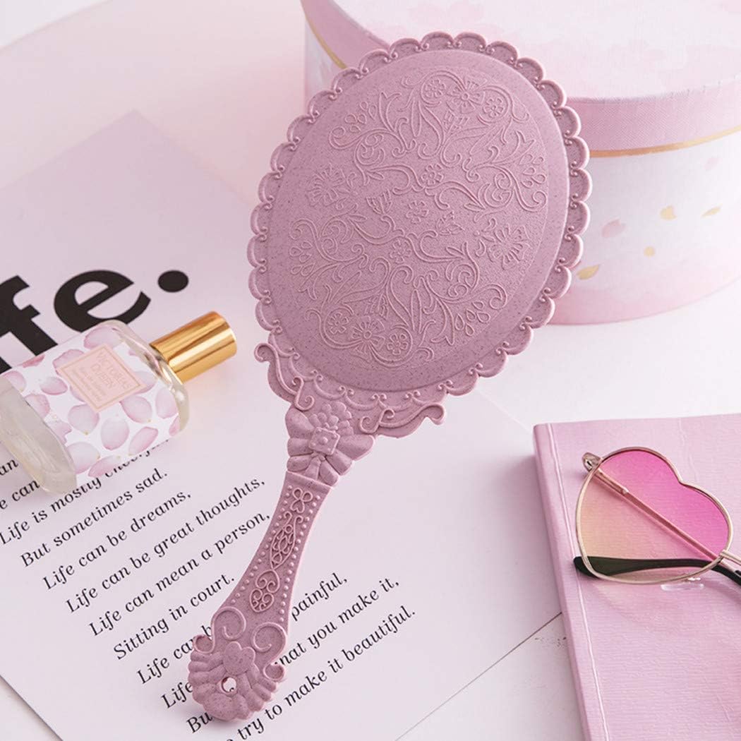 Dzrige Handheld Mirror Vintage Pattern Handle Makeup Mirror Hand Held Travel Mirrors Personal Cosmetic Mirror with Powder Puff (Pink): Kitchen & Dining