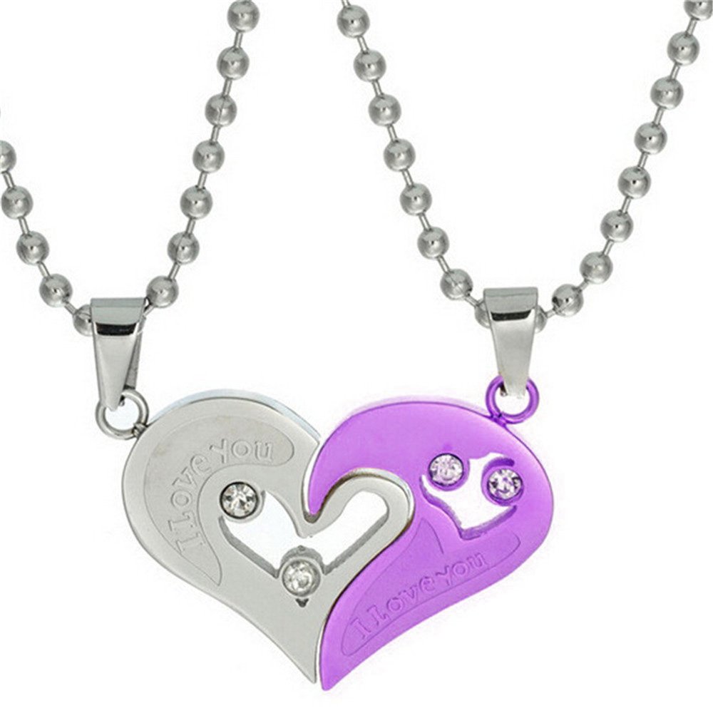 Uloveido A Pair of Stainless Steel Bead Chain Necklace with Pendant I Love You Puzzle Matching, Gifts for Him Her (Purple) SN102