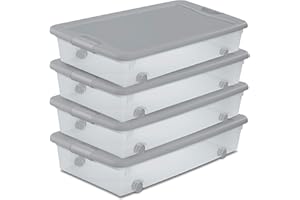Sterilite 4 Pack Wheeled Under Bed Storage Container, 56 Qt Plastic Bin with Latching Lid for Organization - Clothes & Shoes Organizer, Silver Tint