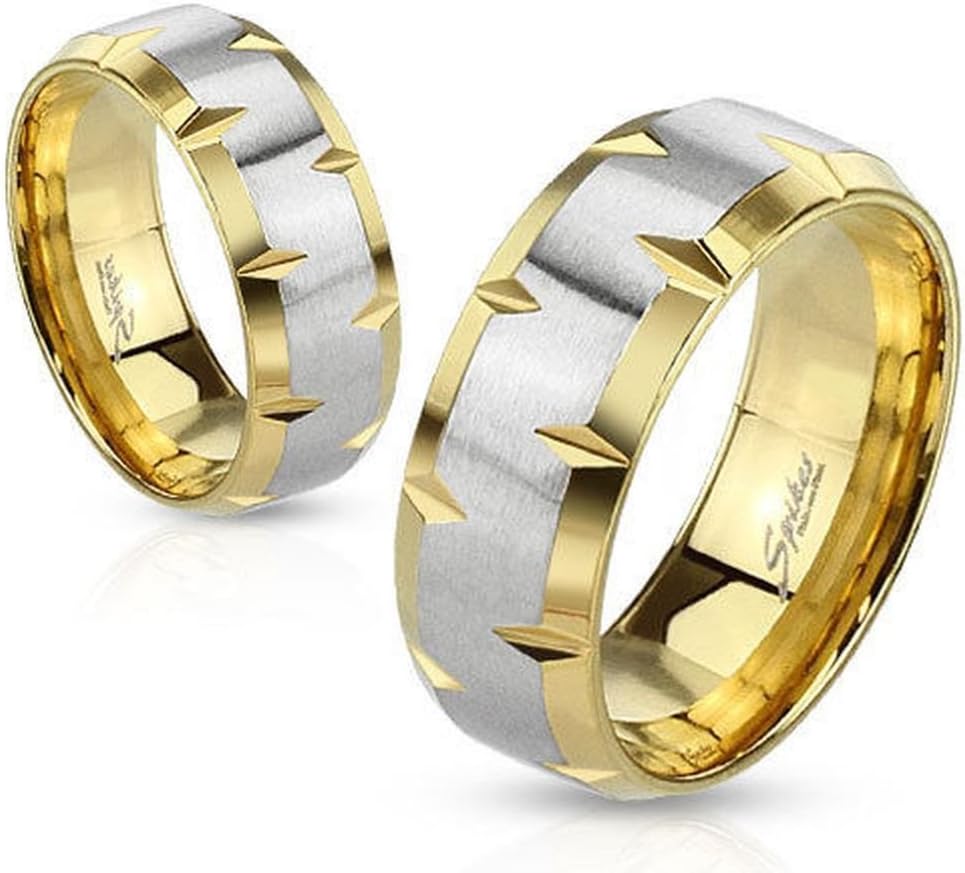 Vooxoo Fashion Design Stainless Steel Golden & Silver Edge Faceted Wedding Band Ring Size 5-14