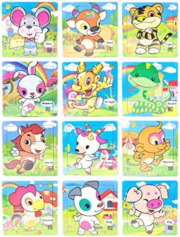 Colorful Zodiac Puzzle - Twelve Chinese Zodiac Signs Wooden Jigsaw Animal 16-piece 2D Puzzle, Set of 12