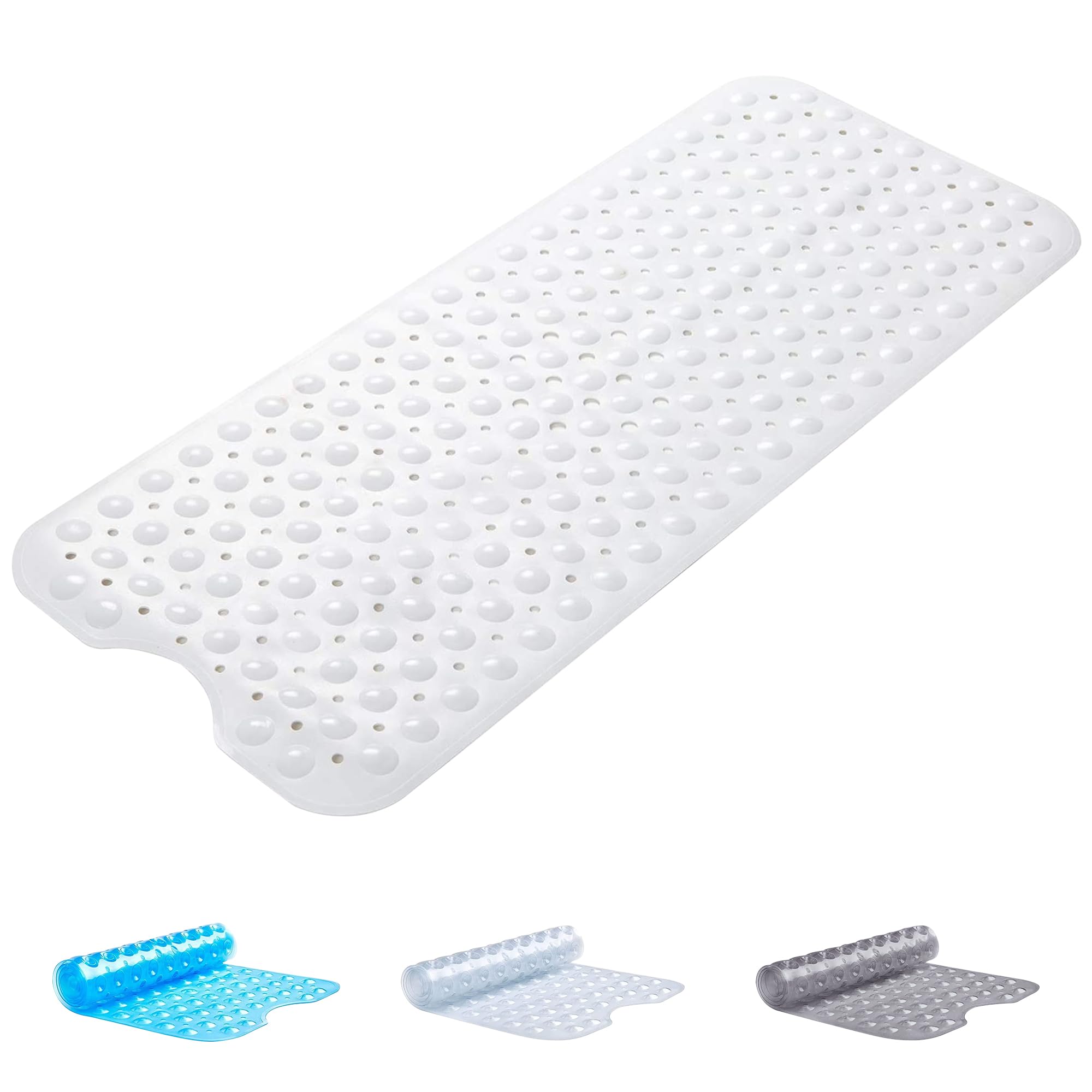 Oxford Homeware Shower Bath Mat Non Slip Anti Mould - White 100X40 cm Shower Mat for Bathtub and Bathroom with Drain Holes and Strong Suction Cups Machine Washable Bath Mats