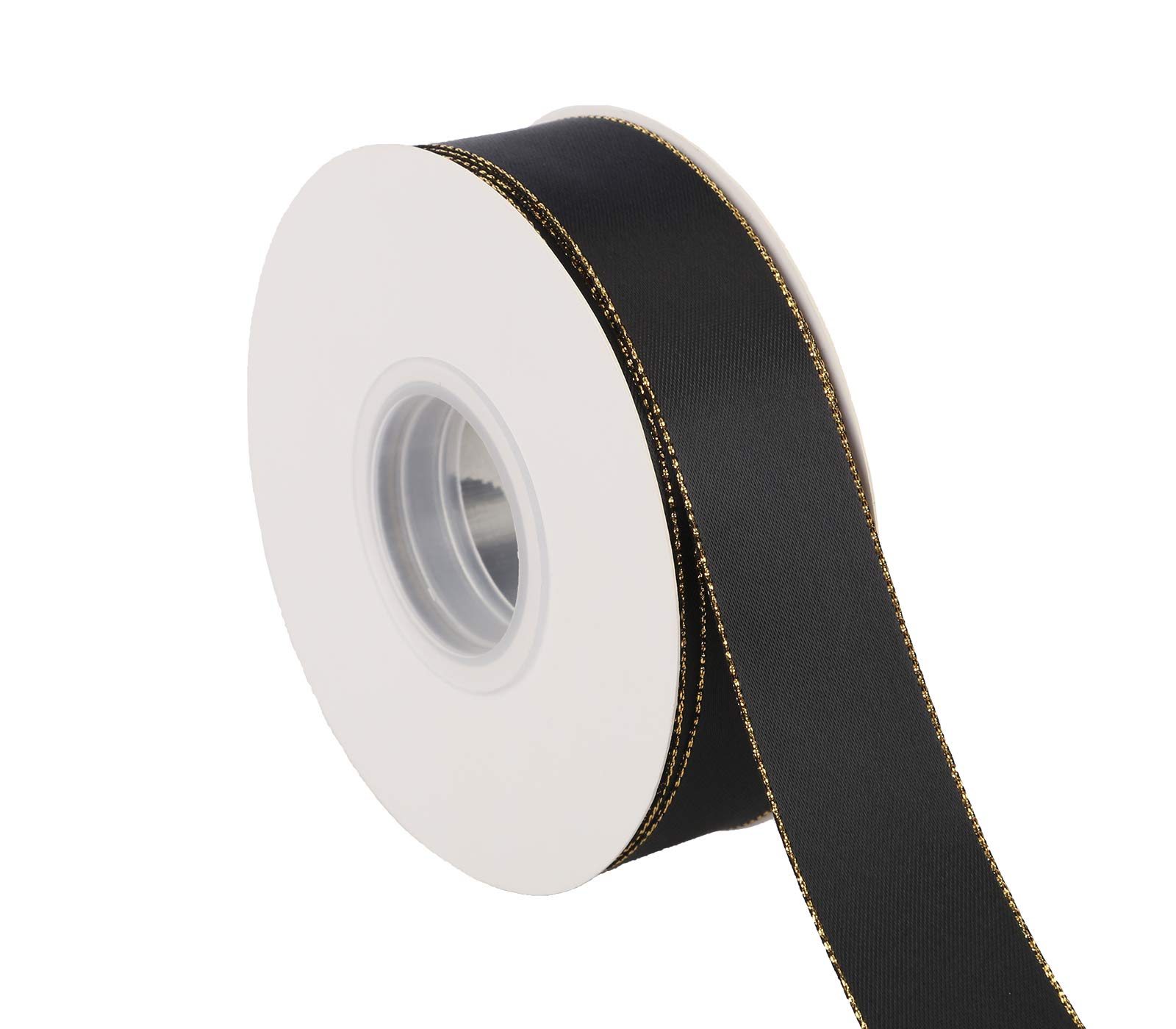 ITIsparkle 25mm Width Double Faced Satin Ribbon 22 Meters with Gold Edges, 25mm X 25M - Black