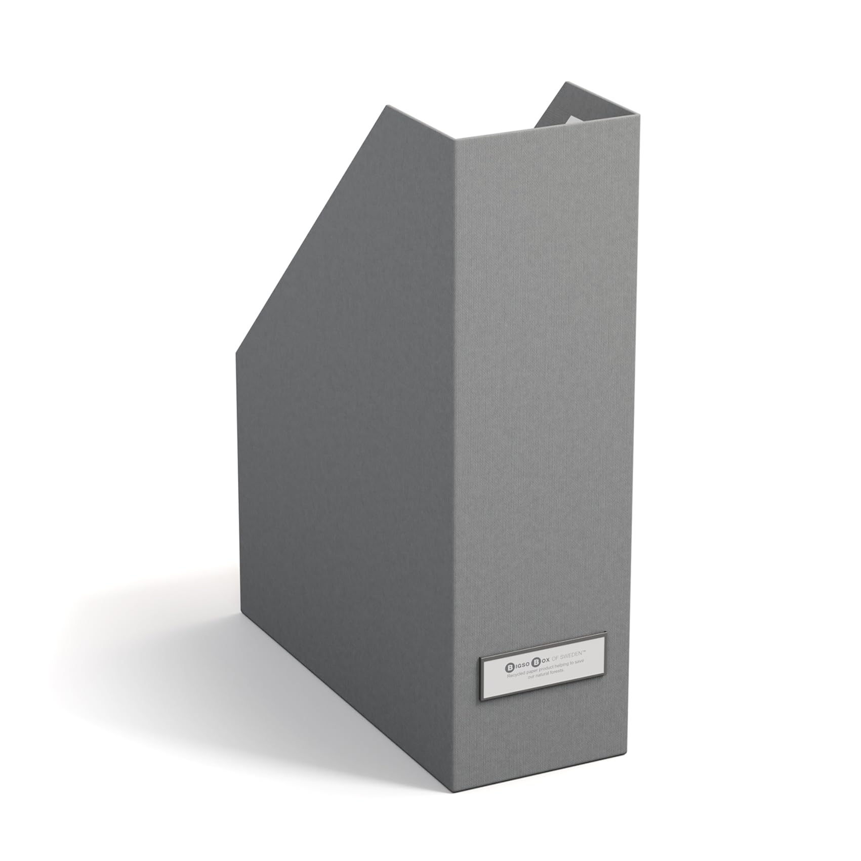 Bigso Box of Sweden Standing Magazine Storage Box with Label - Document Holder Made of Fibreboard and Paper - Desk Organiser for Files, Documents or Magazines - Grey