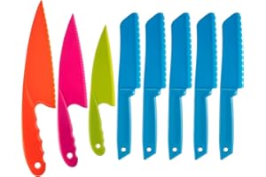 JOVITEC 8 Pcs Kid Cooking Kitchen Knife Set, Plastic Serrated Edges Children's Safe Chef Nylon Knives for Cutting Fruit Bread
