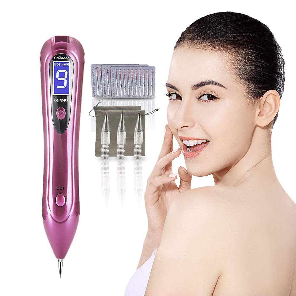 Mole Removal Pen，GoZheec Protable Home & Professional 9 Strength Levels Beauty Pen for Body Facial Freckle Nevus Warts Age Spot Tattoo Remover-Rose Pink and Metallic Red (RosePink)