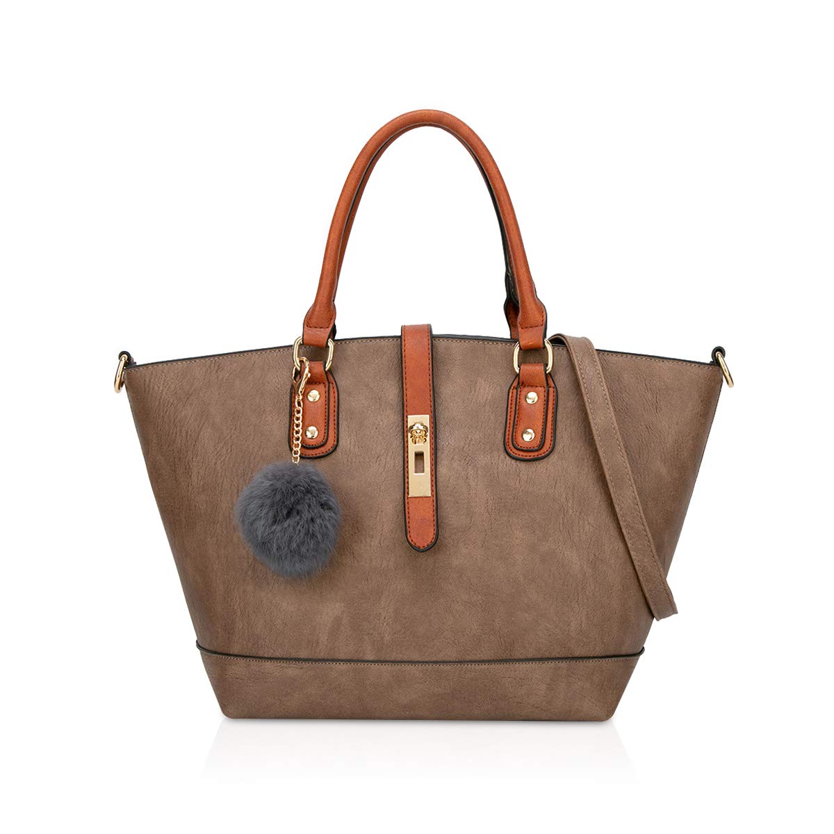 NICOLE & DORIS Fashion Retro Tote Bags for Women Shopper Bags Buckle Handbag Ladies Large Messenger Bag Faux Leather Shoulder Bags with Pompom Khaki