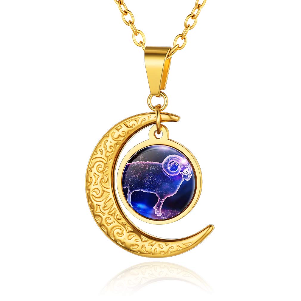 Custom4U Aries Zodiac Necklace Gold Plated Crescent Moon Charm Pendant Birthday Jewellery for Women Girl