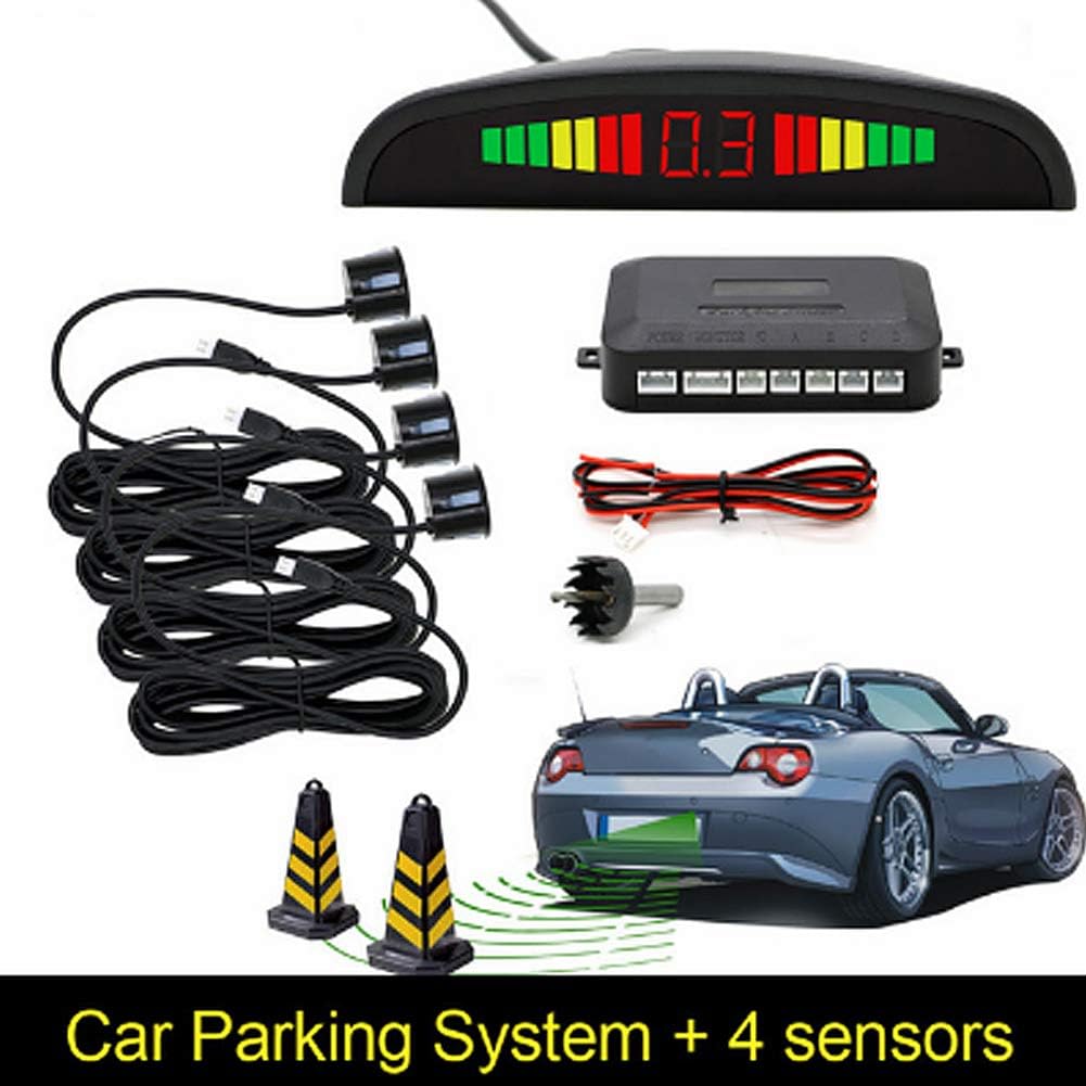 Car Auto Parktronic LED Parking Sensor with 4 Parking Sensors Backup Reverse Radar System Buzzing Sound Warning Alarm Kit (White)