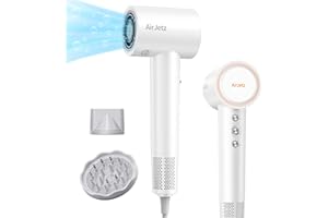 AIRJETZ Hair Dryer, 110,000 RPM High-Speed Ionic Blow Dryer for Fast Drying, Professional Lightweight Hairdryer with Diffuser, Magnetic Nozzle, 4 Temps & 2 Speeds, Low Noise for Travel - White