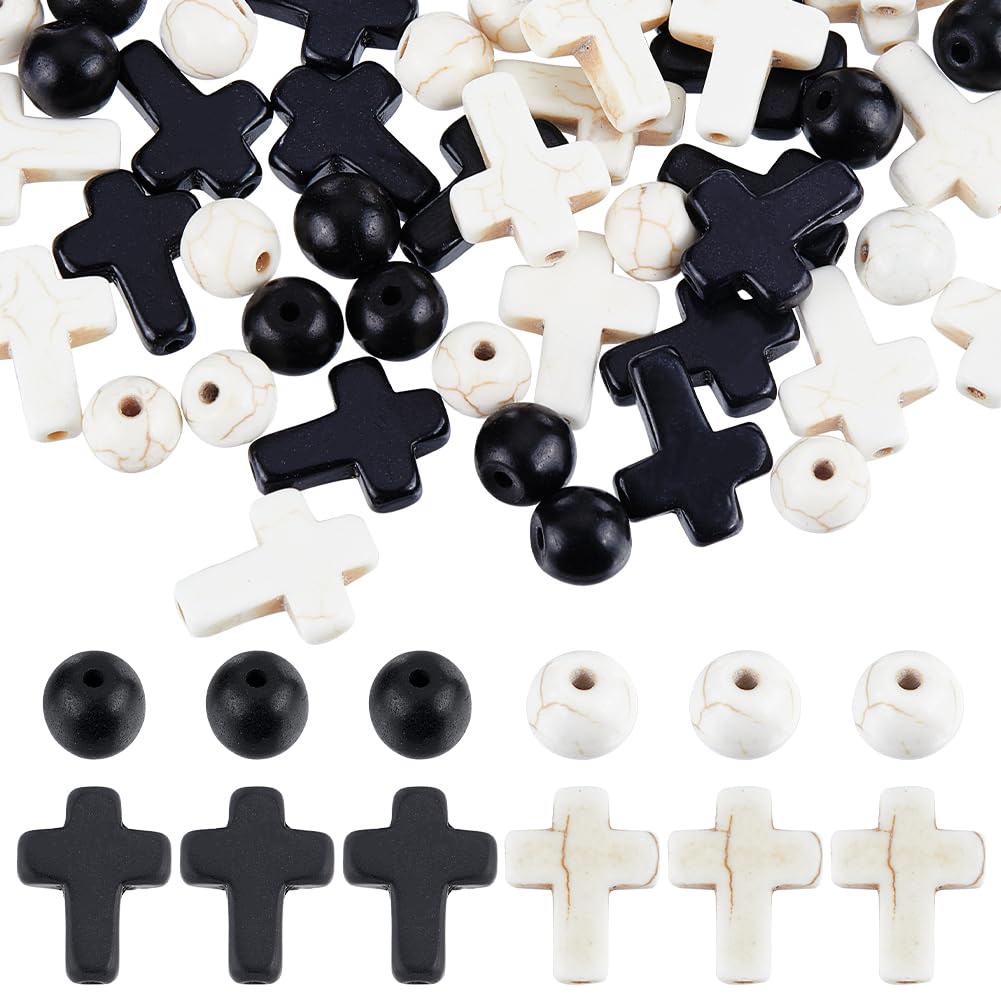 SUNNYCLUE 300Pcs Cross Beads Round Loose Spacer Beads Bulk Black White Cross Beads Mini Small Synthetic Turquoise Stone Bead Tiny Pocket Crosses Easter Holiday Crucifix Beads for jewellery Making Kits — image 1