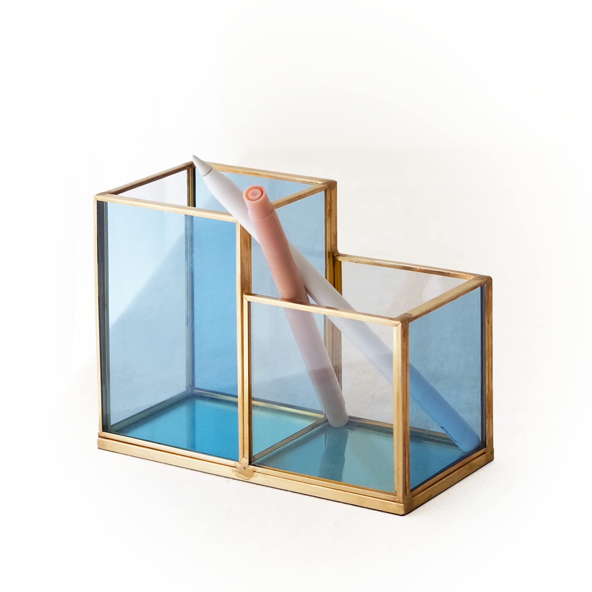 FONDAZZA 2-Compartment Pen Holder, Pencil Holder for Home Office Supplies, Blue Glass with Gold Brass Trim Desk Organiser and Accessories, Brush Holder.