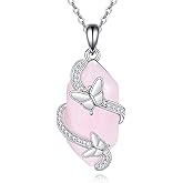 URONE Rose Quartz Necklace 925 Sterling Silver Butterfly Pendant Necklace Pink Crystal Necklace Rose Quartz Jewelry for Women