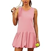 Fisoew Womens Athletic Dresses with Shorts & Pockets Backless Tennis Golf Mini Dress Bubble Hem Workout Active Outfits Pink