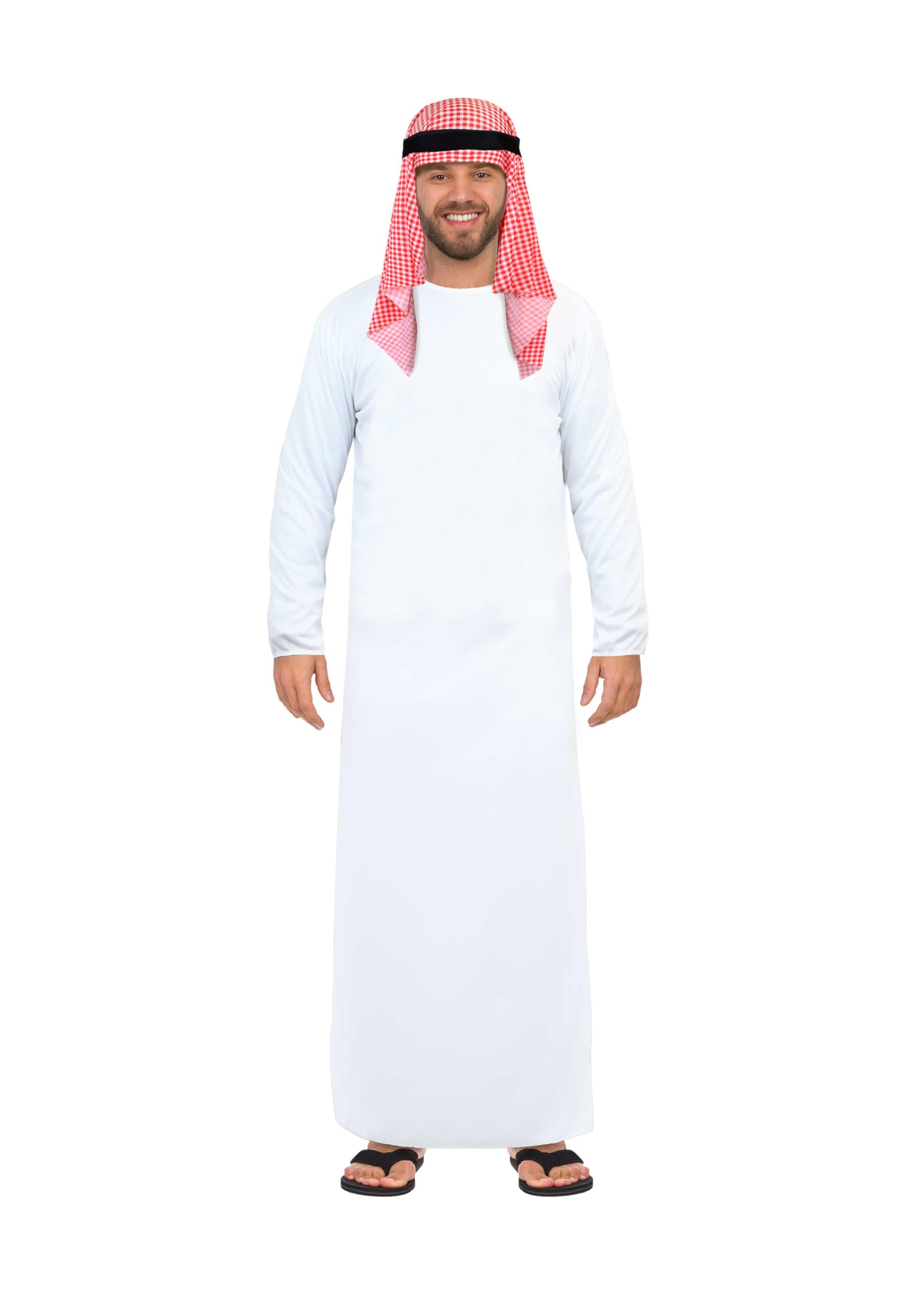 HENBRANDT Adult Men’s Arabian Sheikh Fancy Dress White Long Tunic with Headdress Saudi Prince Dress up Outfit Arab Sheik One Size Mens Fancy Dress Costume 