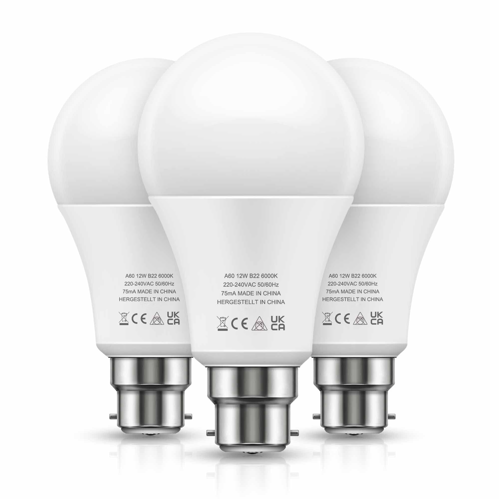 LOHAS-LED Bayonet Light Bulb Cool White, 100 Watt Bayonet Light Bulbs, Daylight Bulbs 6000K Bright Light Bulb Bayonet, 1100LM 12W A60 BC GLS Energy Saving Bulb, Kitchen Bedroom Living Room, 3 Pack
