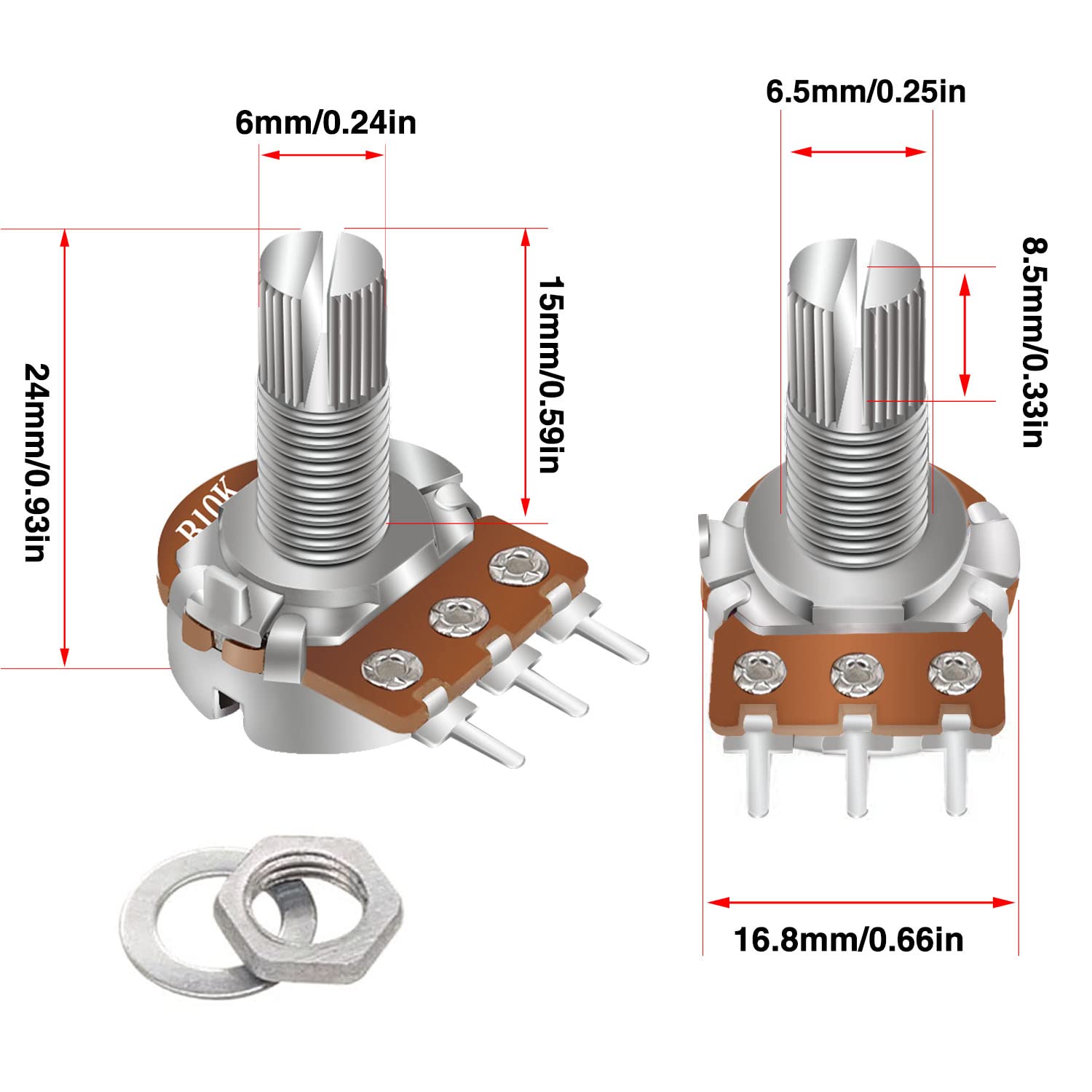 6x 1M Ohm Linear Taper Potentiometers B1M - With Black Knobs - 16mhz.com U30 6-Pack