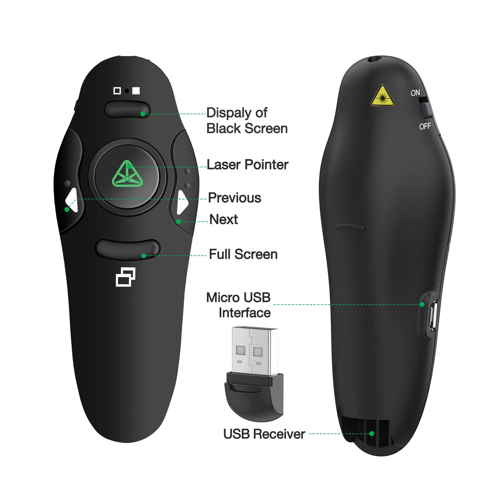 Rechargeable Presentation Clicker Wireless Presenter Remote USB Control Powerpoint PPT Clicker,Green Laser Pointer RF 2.4GHz Presenter Remote Google Slide Advancer for Computer/Laptop/Mac/Keynote