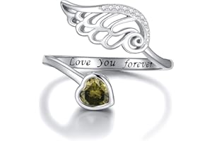HongZhuan Jewelry Birthstone Wing Rings Sterling Silver Adjustable Feather Heart Month Stone Wrap Ring Jewelry Gift for Women Girls Engrave Love you forever