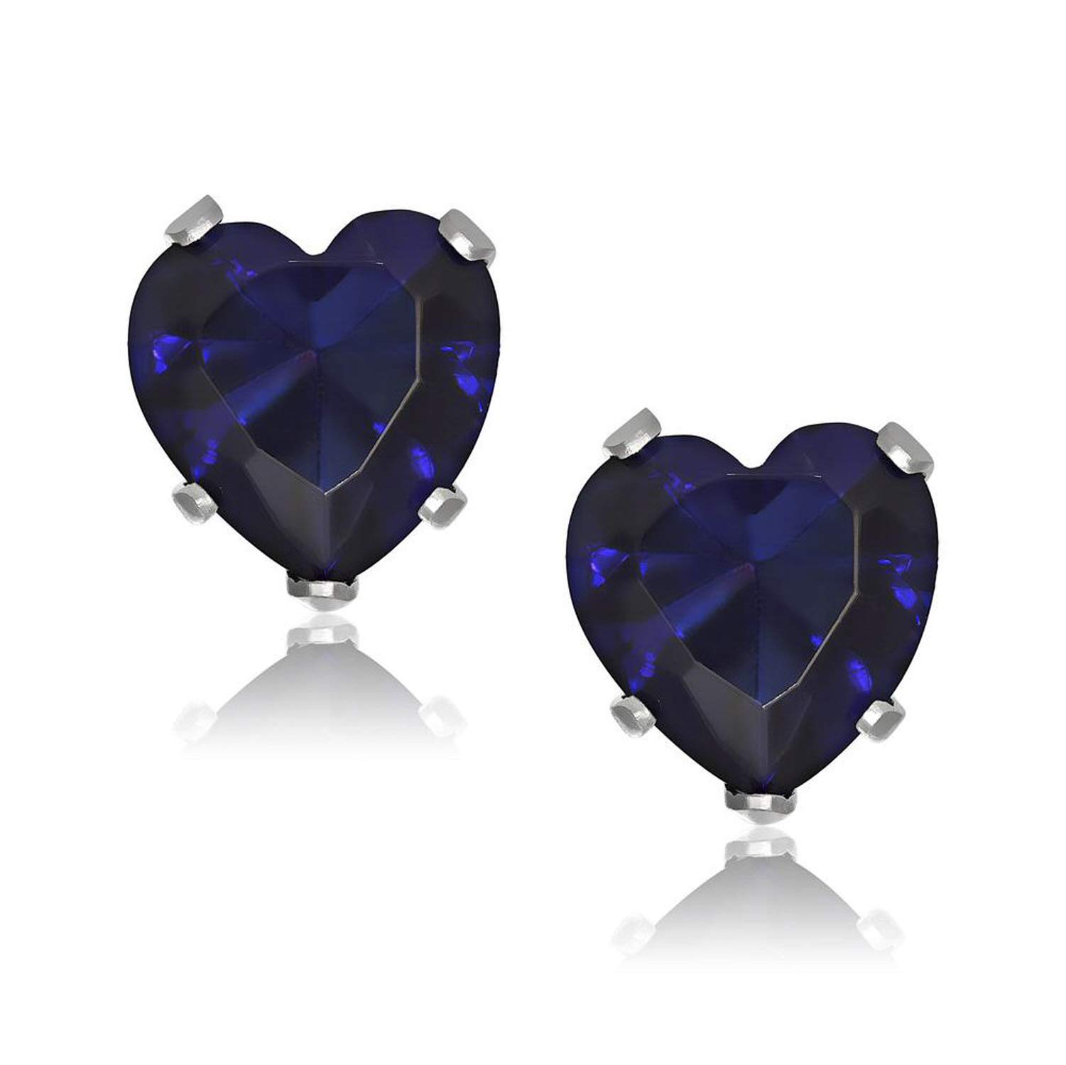 8MM Heart Cut CZ Birthstone Stud Earrings/Ear Studs for Women - 925 Sterling Silver - Sapphire Blue