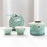 Hermit Life Chinese Travel Tea Set, Portable Ceramic Teapot for One to Two, Gongfu Tea Set with Crystal Glaze, 1 Pot 2 Cups, Gift for Tea Lovers (Mint Green)