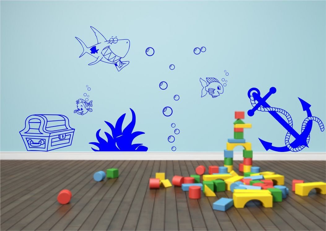 Kids Seabed Sea Fish Shark Bubbles Wall Art Sticker Decal Transfer Mural Stencil