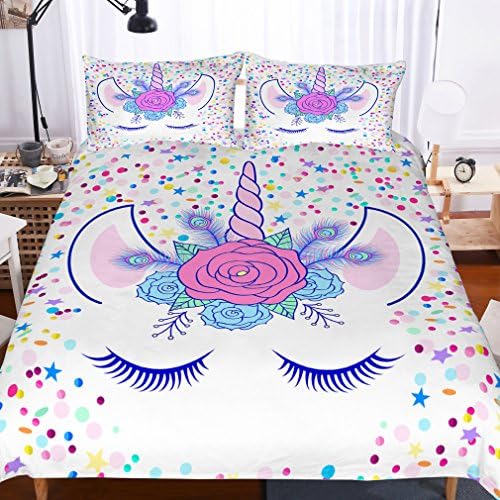 APJJQ Unicorn Duvet Cover Set Twin Size,Floral Feather Eyelashes Unicorn Head with Pink/Blue/Purple/Yellow Dots White Background 2 Piece with 1 Pillow Sham Kids Bedding Set for Boys,Girls and Teens
